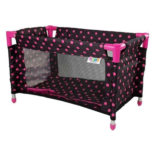 Rosa-schwarzer gepunkteter Puppenkinderwagen, Puppenbett, Puppenmöbel, Spielzeugmöbel, Spielset, Rollenspiel, Kinderspielzeug