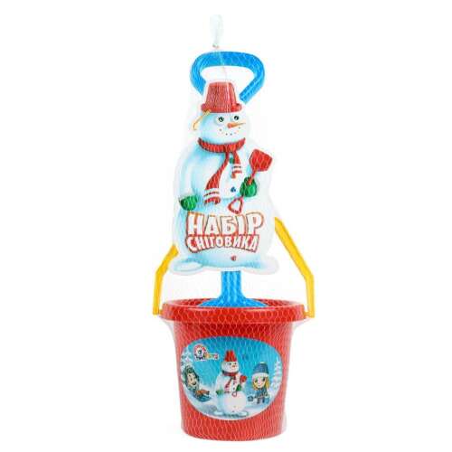 Snowman making set with bucket, shovel and accessories, red bucket with snowman design, blue shovel, snowman decorations, perfect for winter fun