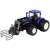 Modrý traktor s diaľkovým ovládaním, s čelným nakladačom a funkčným chápadlom, pohľad zboku