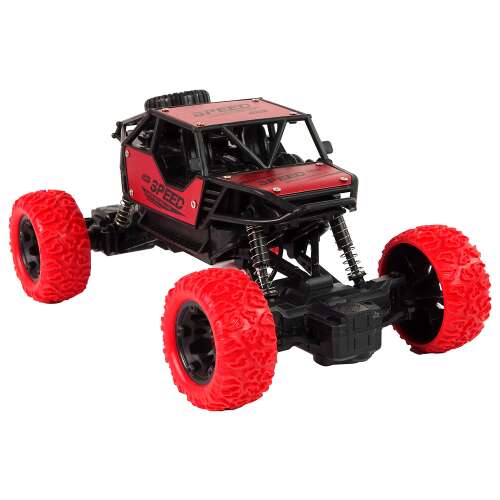 Czerwony i czarny radiowo sterowany monster truck z funkcjami świetlnymi i dźwiękowymi, skala 1:18, Távirányítós Monster Truck - Rock Crawler fény- és hangfunkcióval, piros-fekete  R/C 1:18