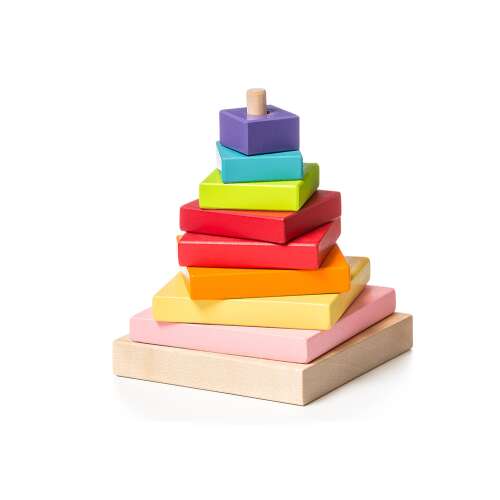 CUBIKA wooden stacking pyramid toy with colorful squares, 8 pieces, for toddlers, preschoolers, and kids