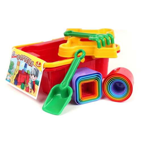 Fortélia vár homokozó készlet 18 darabból, beleértve egy vörös kastély alakú vödröt, 14 színes formát, egy gereblyét és egy lapátot