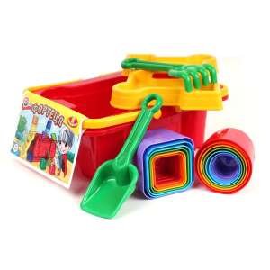Set de nisip Fortélia cu 18 piese, inclusiv o găleată roșie în formă de castel, 14 forme colorate, o greblă și o lopată - TechnoK