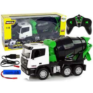 Ciężarówka betoniarka zdalnie sterowana Huina w skali 1:18, czarna i zielona, z obracającym się bębnem, 2.4G, pełne funkcje - Pojazd zdalnie sterowany
