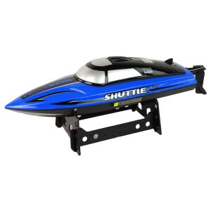 Widok z boku niebieskiej motorówki R/C Shadow Storm na stojaku - Pojazd zdalnie sterowany