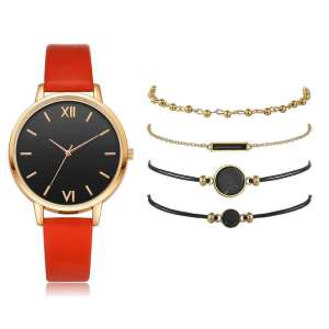 Elegantes Damen-Uhrenset mit rotem Lederarmband und goldenen Akzenten, inklusive 4 passender Armbänder - Schmuck für Damen
