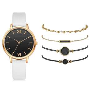 Damen-Armbanduhr und Schmuckset, schwarze Uhr mit weißem Band und goldenen Akzenten, 4 passende Schmuckstücke - Schmuck für Damen