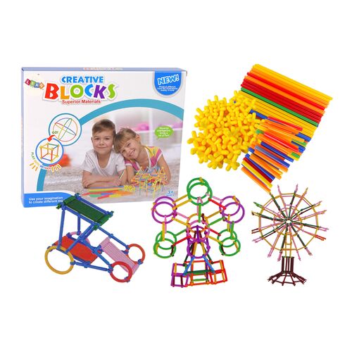 Építőkészlet, építőkockák, rakásolható pálcák, szívószálak – 12744