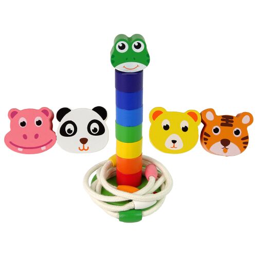 Fából készült piramis oktatási karakterlánc puzzle állatok, oktatási fa egymásra rakható játék állat arcokkal és zsinórral, kicsomagolva