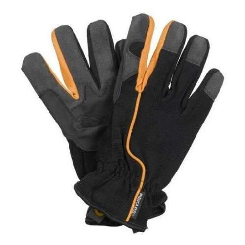 Fiskars garden work gloves, size 8, black with orange accents