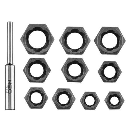 Neo Tools 11-922 sérült csavar eltávolító dugókulcs készlet, 3/8 hüvelyk, 11 darabos, fekete