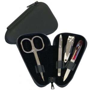 DUP 4-piece manicure set in black leather case, includes nail clippers, tweezers, nail file, and scissors - Manicure set