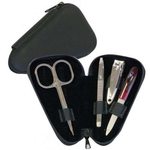 DUP 4-piece manicure set in black leather case, includes nail clippers, tweezers, nail file, and scissors