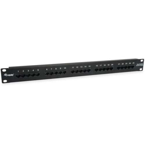Equip 125298 19 hüvelykes 25 portos Cat.3 RJ45 ISDN patch panel, fekete, árnyékolatlan, elülső nézet port számokkal