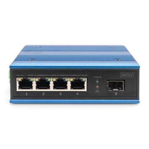 Digitus DN-651131 Industrieller Ethernet-Switch, Vorderansicht, 4 RJ45-Ports, 1 SFP-Port