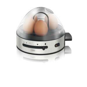 Fierbător de ouă Caso E7, din oțel inoxidabil și negru, cu capac transparent, care arată ouăle din interior, pe fundal alb - Aparate de fiert ouă