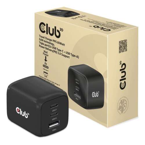 Club 3D 65W-os utazási töltő 2 USB-C és 1 USB-A porttal, fekete