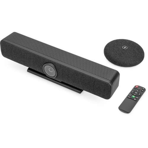 Digitus Video Bar Pro conference camera with remote control, 4K Ultra-HD video, beamforming microphones, and AI face/speaker tracking