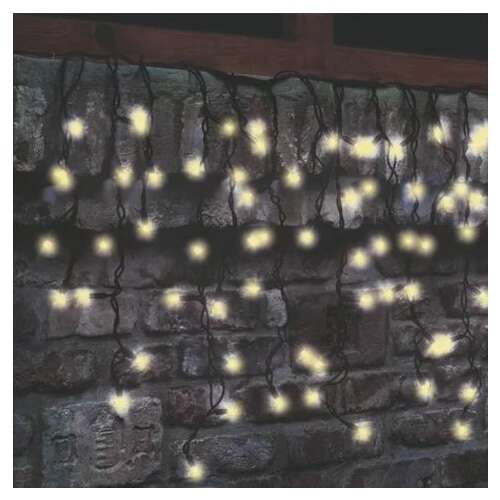 Warm white LED curtain lights, 204 LEDs, outdoor, black cable, hanging on a brick wall