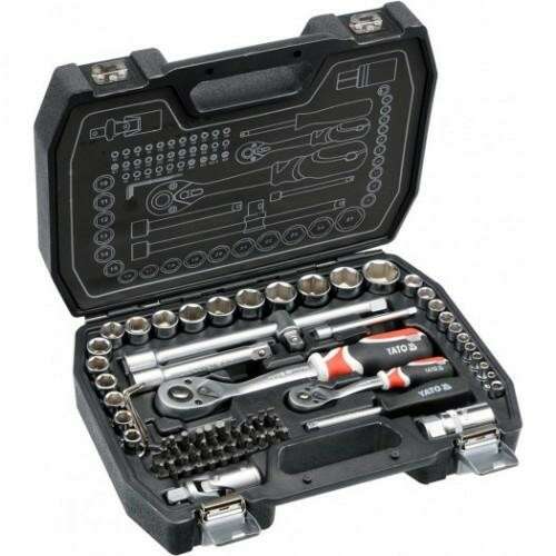 YATO 72 piece socket wrench set, 1/2 inch and 1/4 inch drive, includes sockets, bits, extensions, and a ratchet wrench