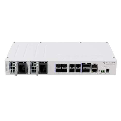 MikroTik CRS510-8XS-2XQ-IN 100 Gigabit Switch widok z przodu z portami i zasilaczem