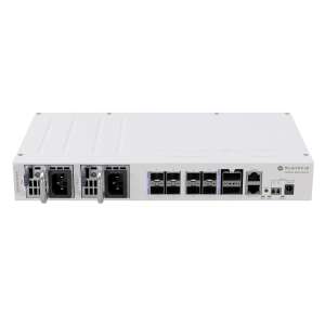 MikroTik CRS510-8XS-2XQ-IN 100 Gigabit Switch vedere din față cu porturi și sursa de alimentare - MikroTik