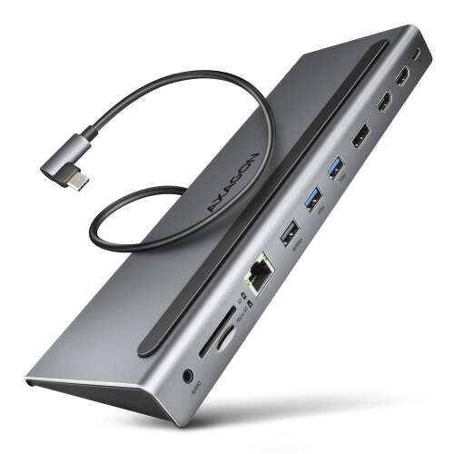 Stație de andocare universală Axagon HMC-4KX3 100W, hub USB-C 11 în 1 cu afișaj triplu 4K, cititor de carduri SD/MicroSD, Gigabit Ethernet și Power Delivery