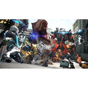Exoprimal PS5 video game, robot characters fighting a large dinosaur in a city setting - Console & PC Game