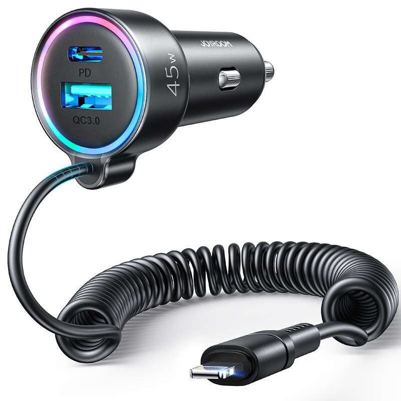 Joyroom 3-in-1-Schnellladegerät fürs Auto, 1,5 m Lightning-Kabel, Schwarz (JR-CL08)