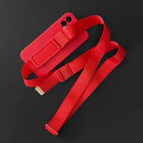 Red silicone phone case with adjustable strap, universal fit