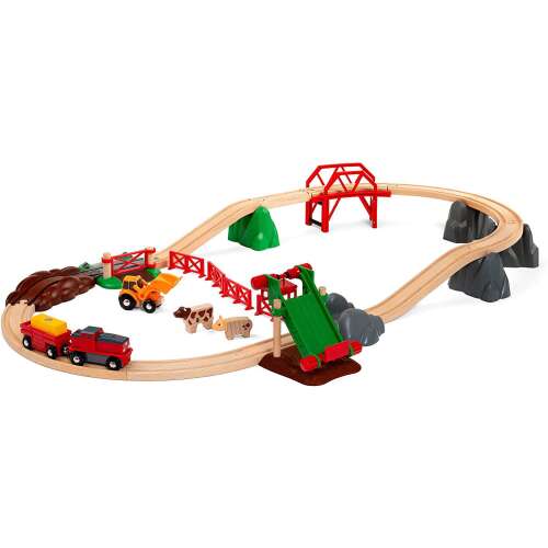 BRIO World Animal Farm Set, a wooden toy train set with a farm theme, featuring a red train, a yellow tractor, cows, a pig, a bridge, a hay loader, and other accessories