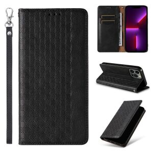 iPhone 12 Pro black leather wallet case with card slots and stand function - Phone Case