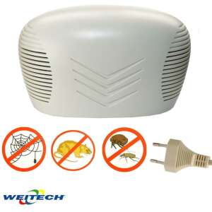 Repelent de dăunători cu ultrasunete Weitech, alb, vedere din față, cu pictograme de păianjeni, șobolani și purici, precum și o priză - Weitech