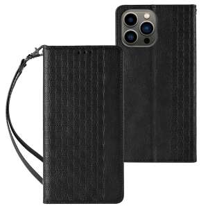 Black leather iPhone 13 Pro case with magnetic strap, wallet and stand - Phone Case