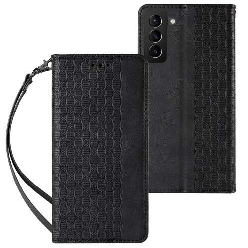 Black leather wallet case with strap for Samsung Galaxy S22 Plus
