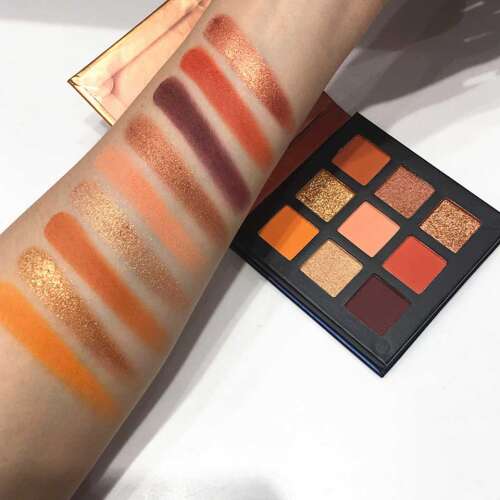 TECHNIC Enticing Pressed Pigment Palette, 9 warm eyeshadow shades, swatches on skin