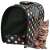 Black and colorful polka dot pet carrier with mesh window and cat sitting in front of it