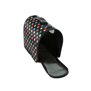 Black and colorful polka dot pet carrier with mesh window and open flap - Cat Care