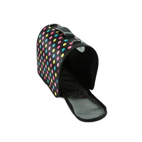 Black and colorful polka dot pet carrier with mesh window and open flap