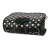 Top view of black and colorful polka dot pet carrier with mesh window and zippered closure