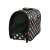 Side view of black and colorful polka dot pet carrier with mesh window