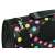 Close-up of the adjustable shoulder strap and handle of the black and colorful polka dot pet carrier