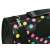 Close-up of the adjustable shoulder strap and handle of the black and colorful polka dot pet carrier