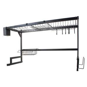 Black dish drying rack with multiple shelves and hooks for hanging utensils - Dish Rack