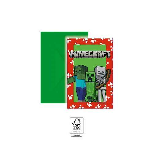 Minecraft buli meghívók, 6 darabos csomag, borítékokkal, Minecraft karakterekkel