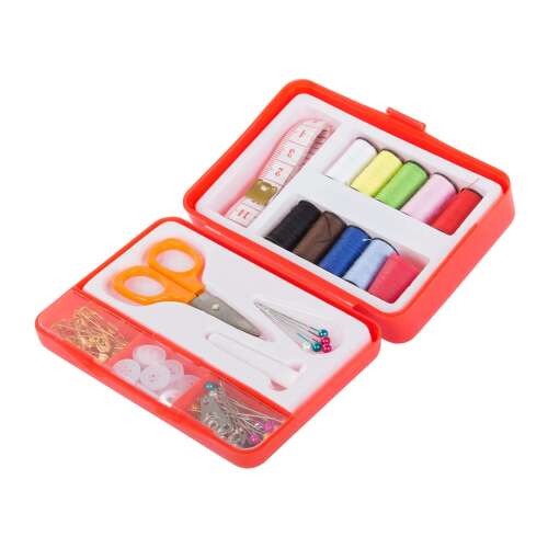 Sewing kit with scissors, thread, needles, buttons, and safety pins