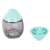 Interactive treat dispensing toy for dogs and cats, egg shaped, clear plastic with green lid, two pieces, one with holes and one with bumps
