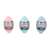 Interactive treat dispensing toy for dogs and cats, egg shaped, clear plastic with green, pink, and blue lids