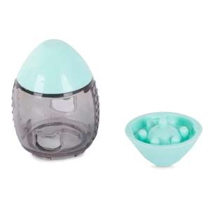 Interactive treat dispensing toy for dogs and cats, egg shaped, clear plastic with green lid, two pieces, one with holes and one with bumps - Pet Care