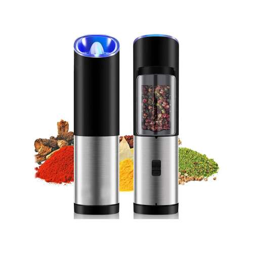 Electric salt and pepper grinder, stainless steel, black, with blue LED light